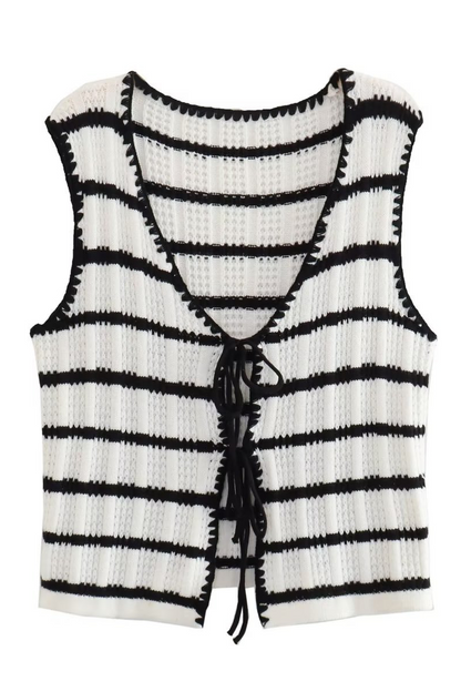 Street Stripe Lace Up Knit Contrast V Neck Sleeveless Two Pieces