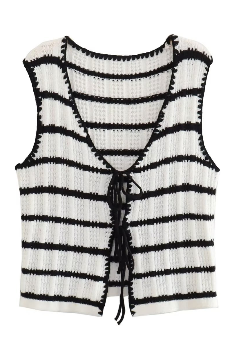 Street Stripe Lace Up Knit Contrast V Neck Sleeveless Two Pieces
