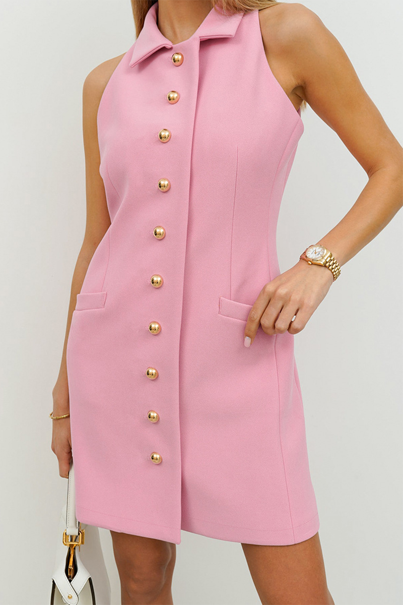 Celebrities Color Buckle Turndown Collar Pencil Skirt Dresses