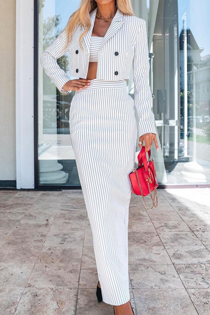 Street Striped Print Buttons Slit Contrast Turn-back Collar Long Sleeve Two Pieces