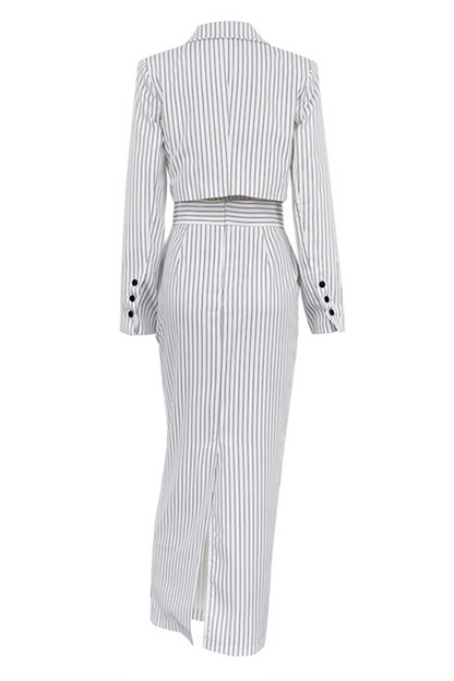 Street Striped Print Buttons Slit Contrast Turn-back Collar Long Sleeve Two Pieces