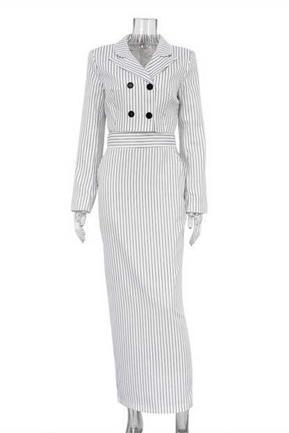 Street Striped Print Buttons Slit Contrast Turn-back Collar Long Sleeve Two Pieces