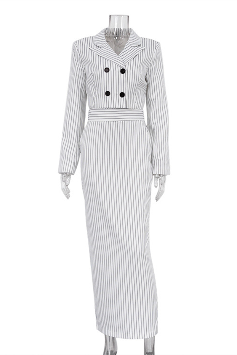 Street Striped Print Buttons Slit Contrast Turn-back Collar Long Sleeve Two Pieces