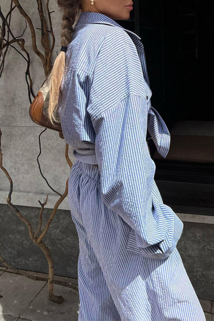 Striped Print Pocket Contrast Turndown Collar Long Sleeve Two Pieces