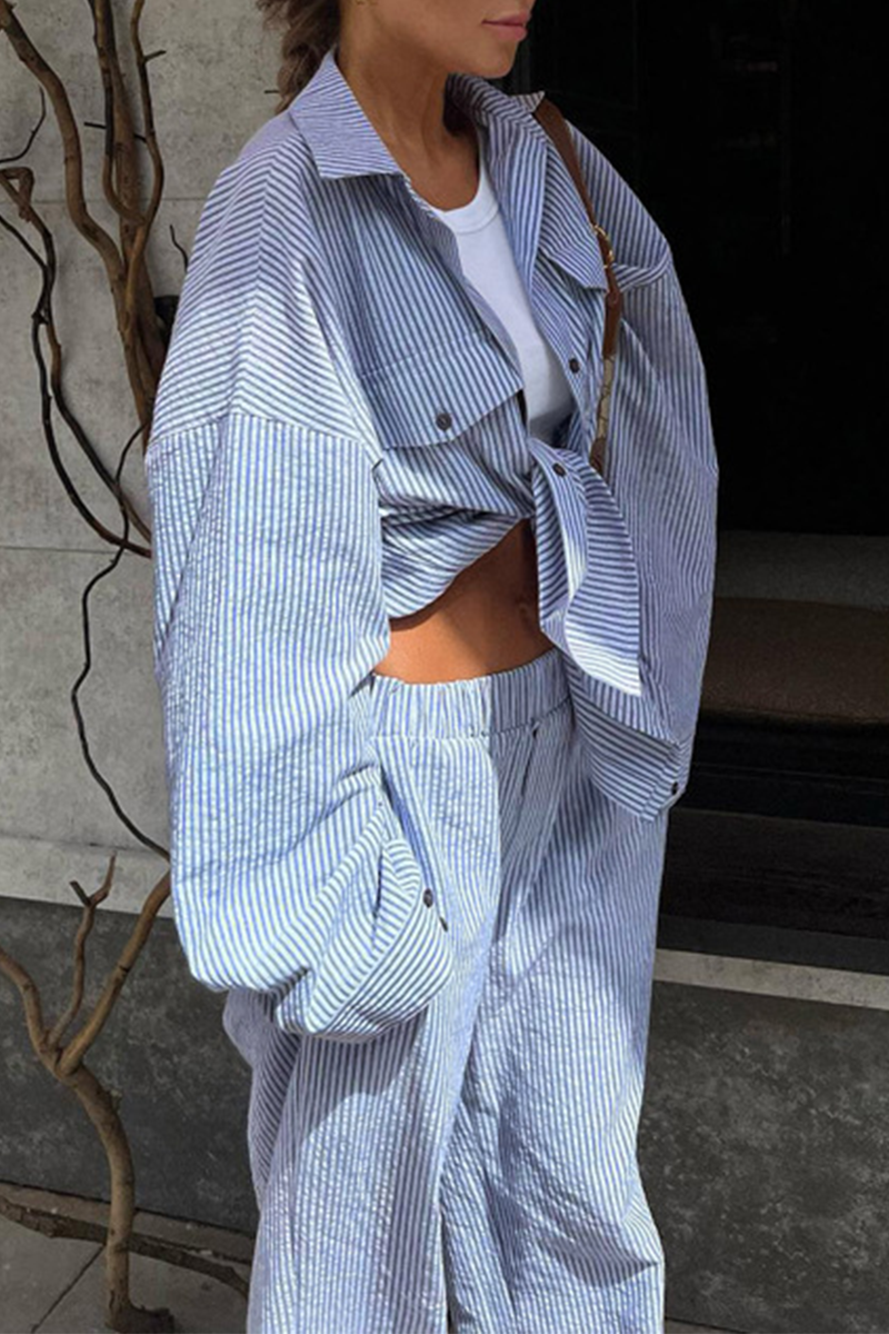 Striped Print Pocket Contrast Turndown Collar Long Sleeve Two Pieces