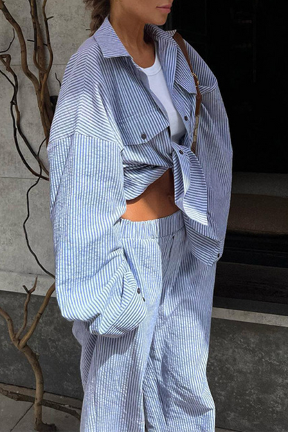 Striped Print Pocket Contrast Turndown Collar Long Sleeve Two Pieces