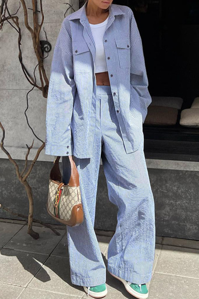Striped Print Pocket Contrast Turndown Collar Long Sleeve Two Pieces