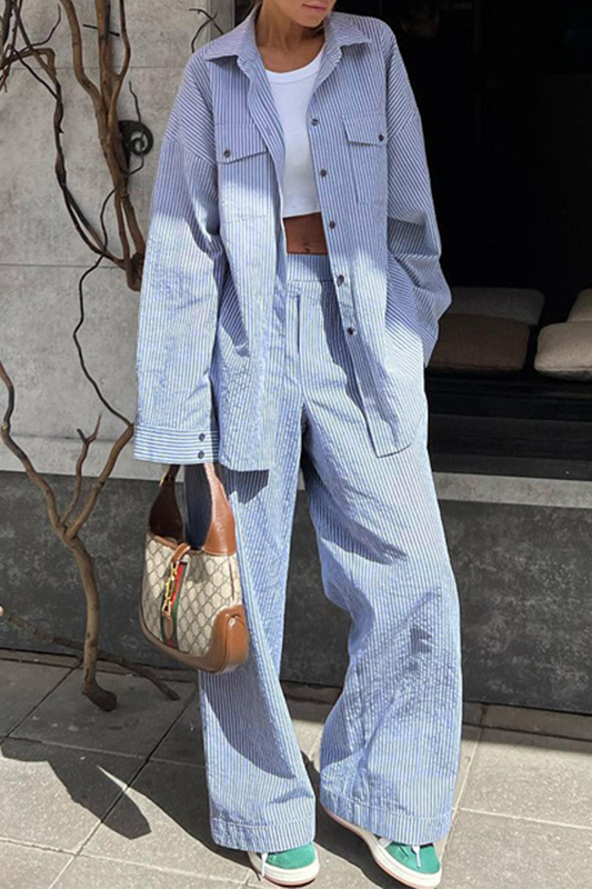 Striped Print Pocket Contrast Turndown Collar Long Sleeve Two Pieces