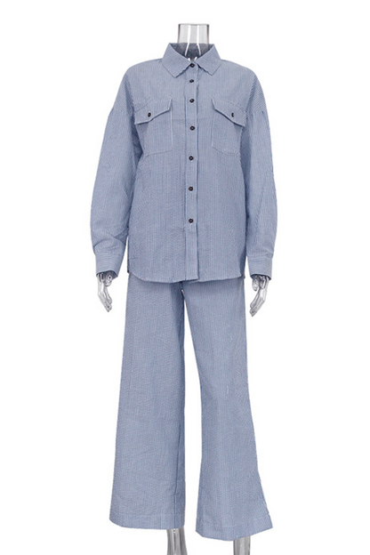 Striped Print Pocket Contrast Turndown Collar Long Sleeve Two Pieces
