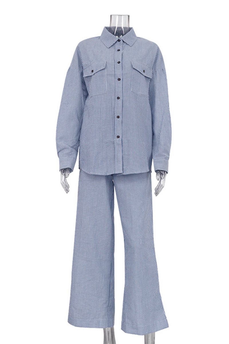 Striped Print Pocket Contrast Turndown Collar Long Sleeve Two Pieces
