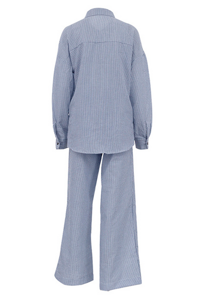 Striped Print Pocket Contrast Turndown Collar Long Sleeve Two Pieces