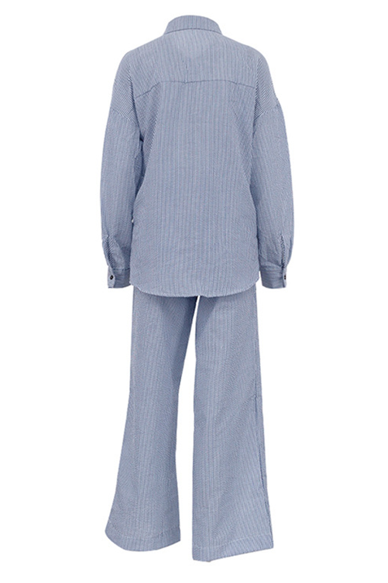 Striped Print Pocket Contrast Turndown Collar Long Sleeve Two Pieces