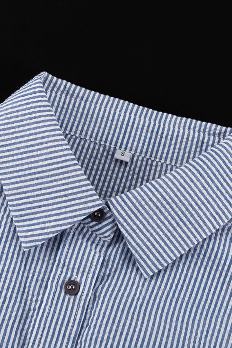 Striped Print Pocket Contrast Turndown Collar Long Sleeve Two Pieces