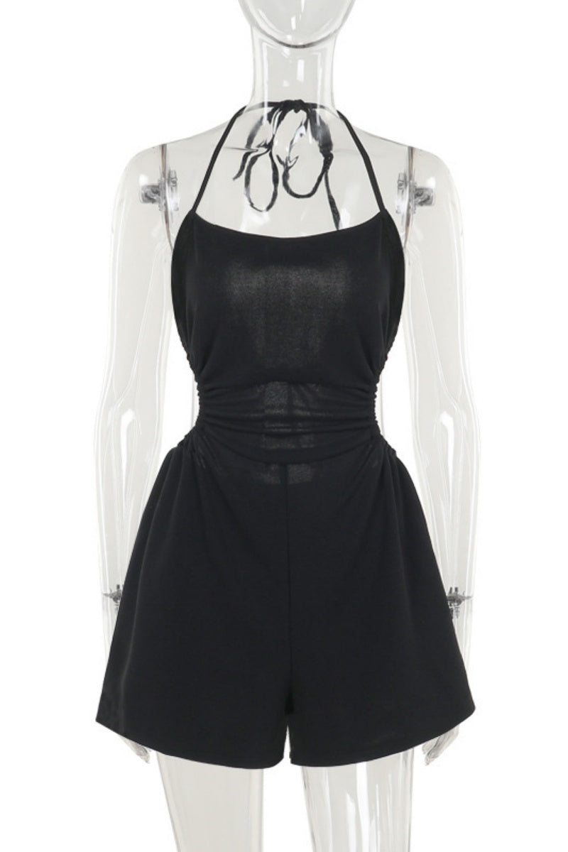 Color Backless Belted Halter Bodycon Rompers