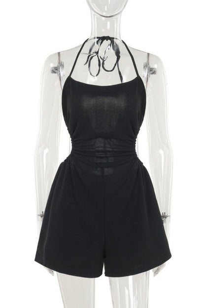 Color Backless Belted Halter Bodycon Rompers