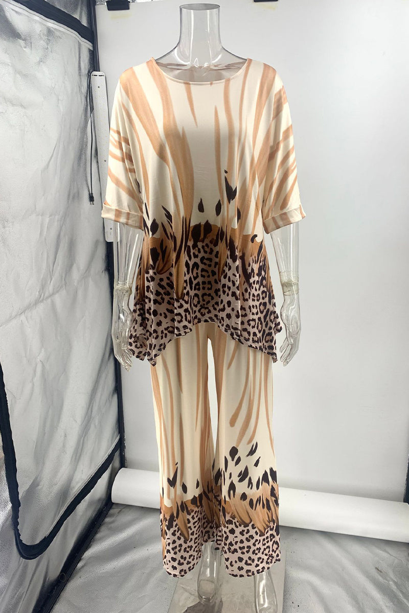 Daily Leopard Print Contrast O Neck Three Quarter Two Pieces