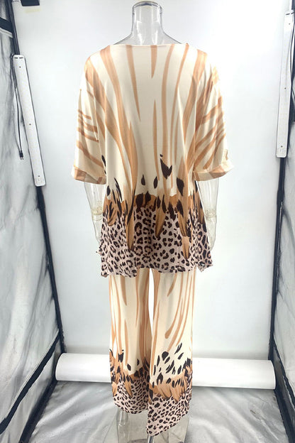 Daily Leopard Print Contrast O Neck Three Quarter Two Pieces