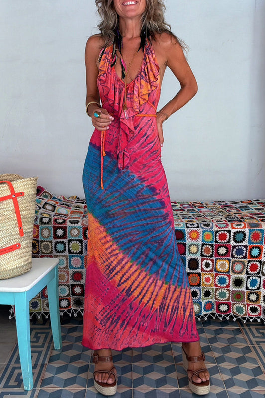 Vacation Gradient Print Backless Ruffle V Neck One Step Skirt Dresses
