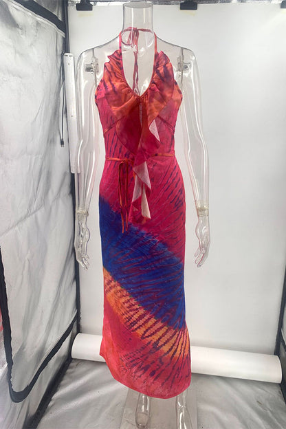 Vacation Gradient Print Backless Ruffle V Neck One Step Skirt Dresses