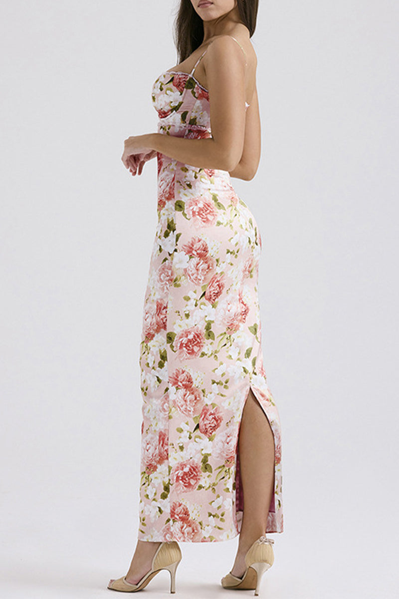 Flowers Lace Patchwork Slit V Neck One Step Skirt Dresses