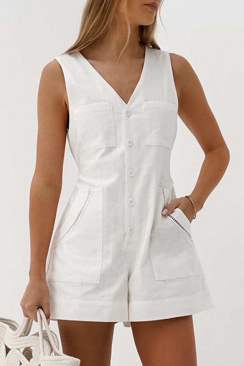Daily Color Pocket Buttons V Neck Loose Rompers