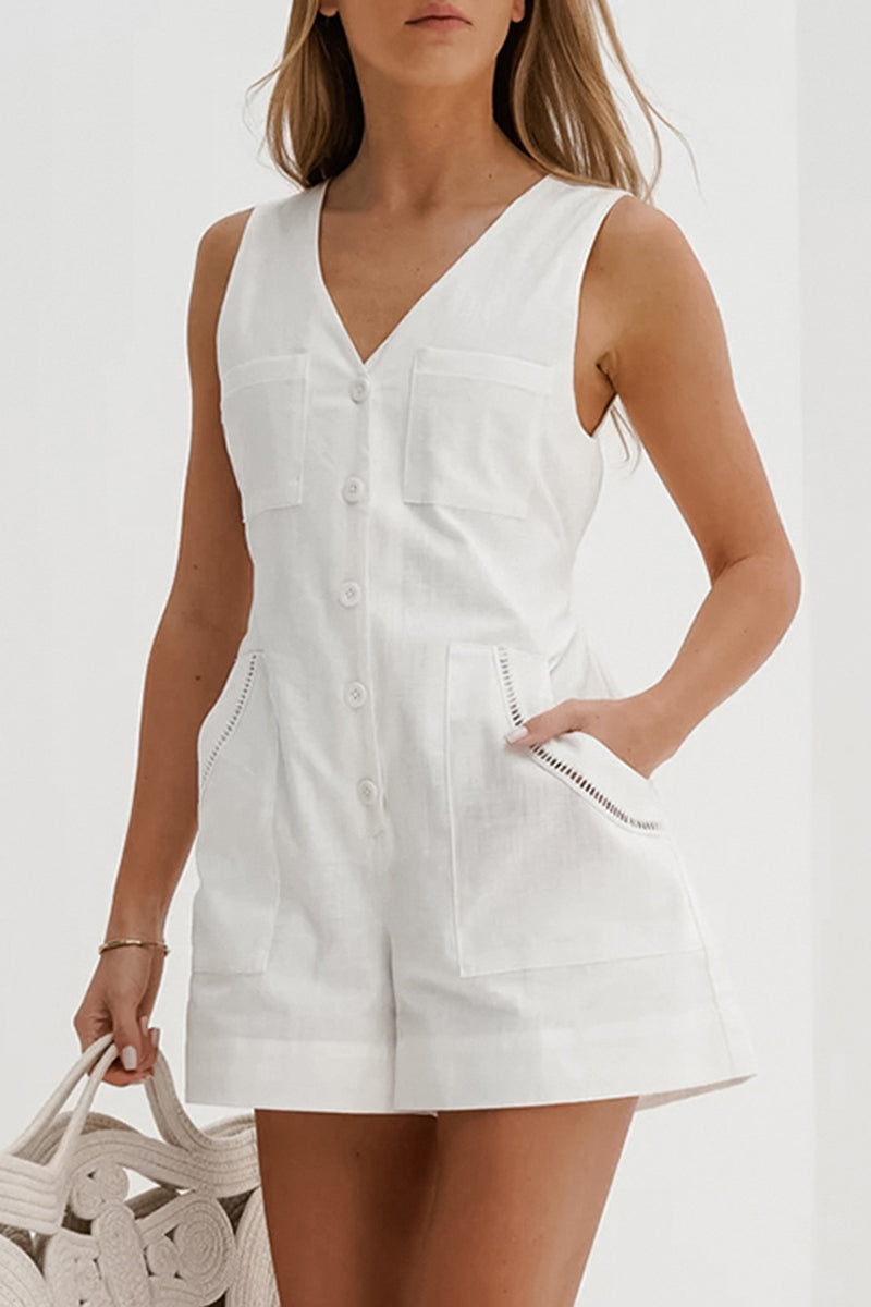 Daily Color Pocket Buttons V Neck Loose Rompers