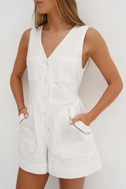 Daily Color Pocket Buttons V Neck Loose Rompers