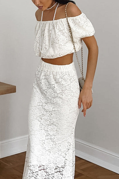 Color Lace Hollow Out Off Shoulder Short Sleeve Two Pieces
