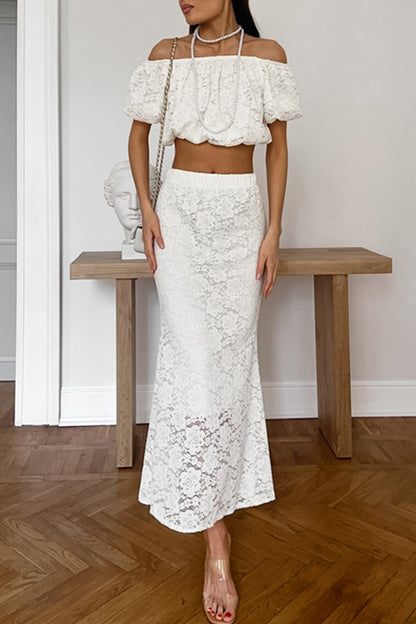 Color Lace Hollow Out Off Shoulder Short Sleeve Two Pieces