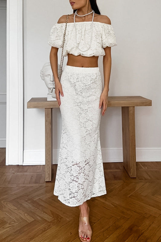 Color Lace Hollow Out Off Shoulder Short Sleeve Two Pieces