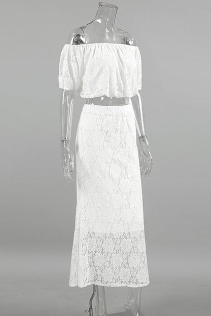 Color Lace Hollow Out Off Shoulder Short Sleeve Two Pieces