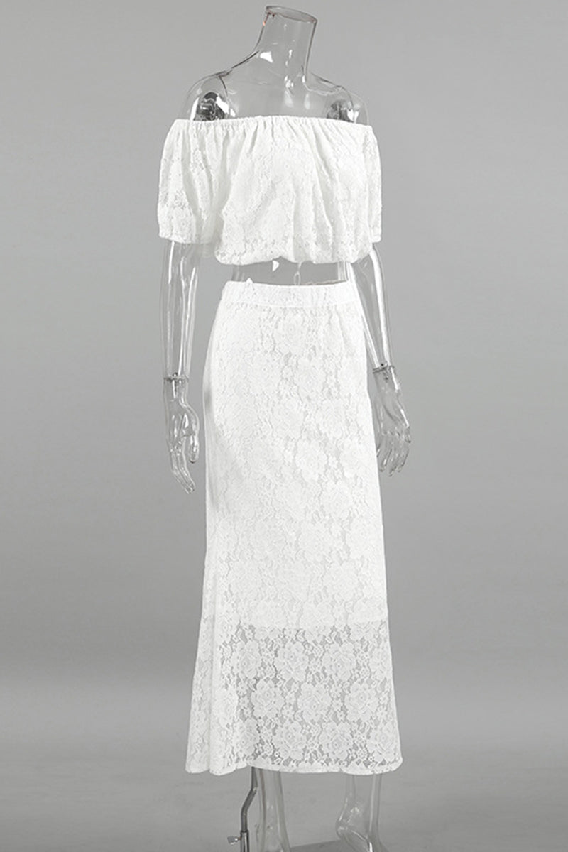Color Lace Hollow Out Off Shoulder Short Sleeve Two Pieces