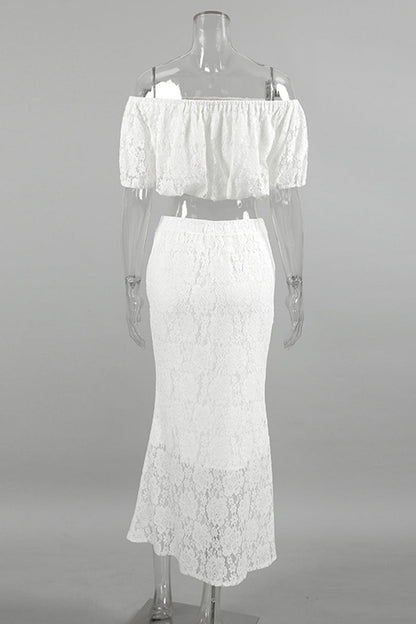 Color Lace Hollow Out Off Shoulder Short Sleeve Two Pieces