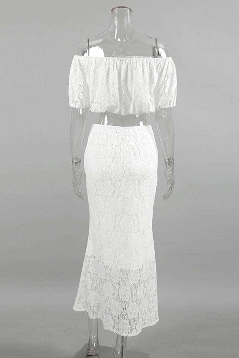 Color Lace Hollow Out Off Shoulder Short Sleeve Two Pieces