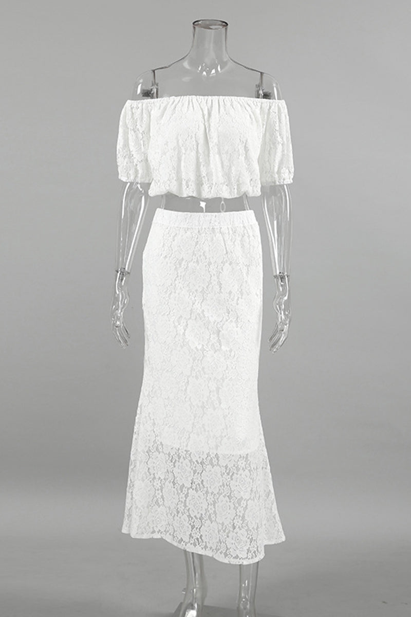Color Lace Hollow Out Off Shoulder Short Sleeve Two Pieces