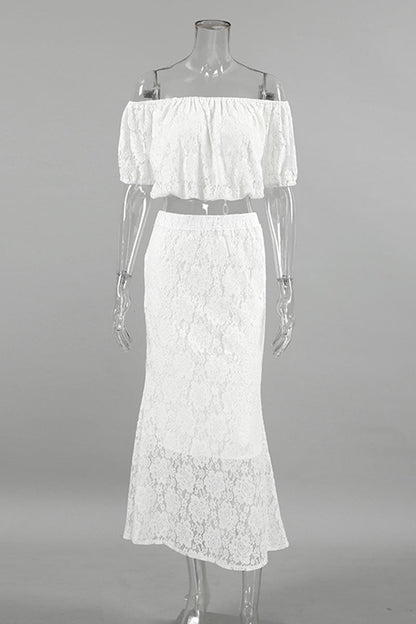 Color Lace Hollow Out Off Shoulder Short Sleeve Two Pieces
