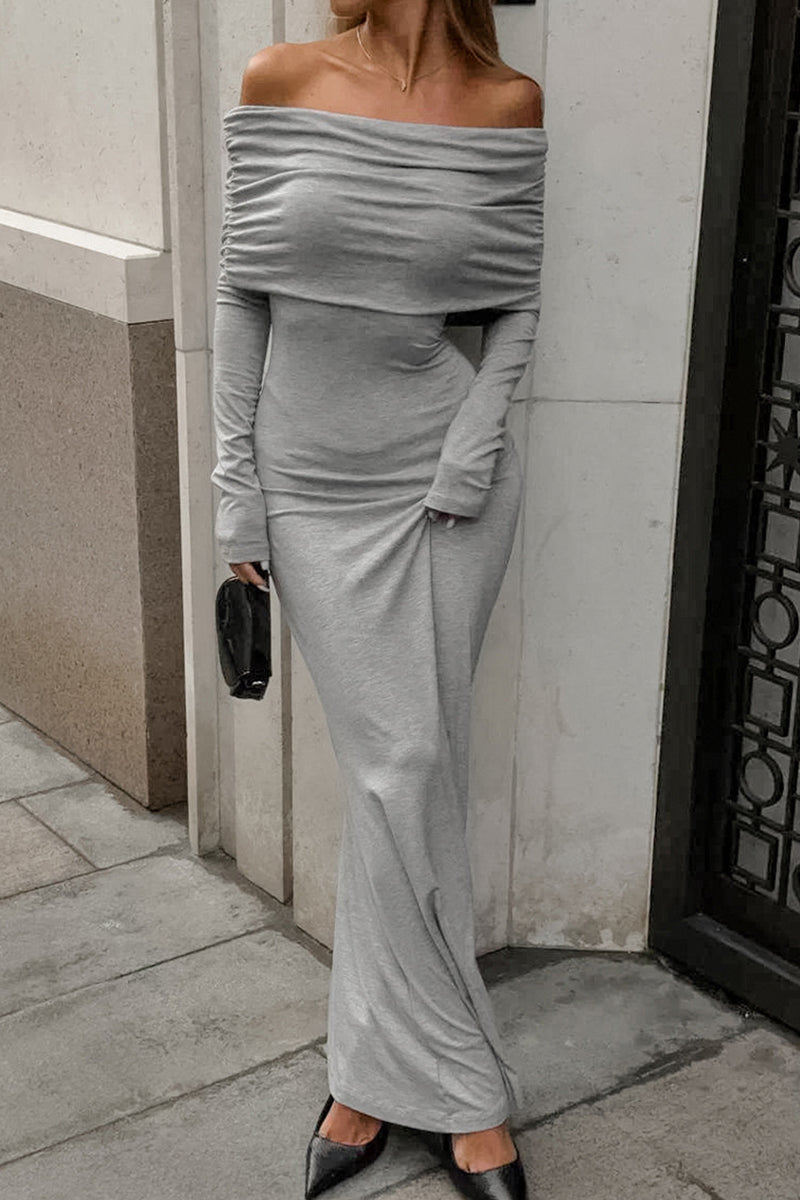 Street Color Ruched Off Shoulder One Step Skirt Dresses