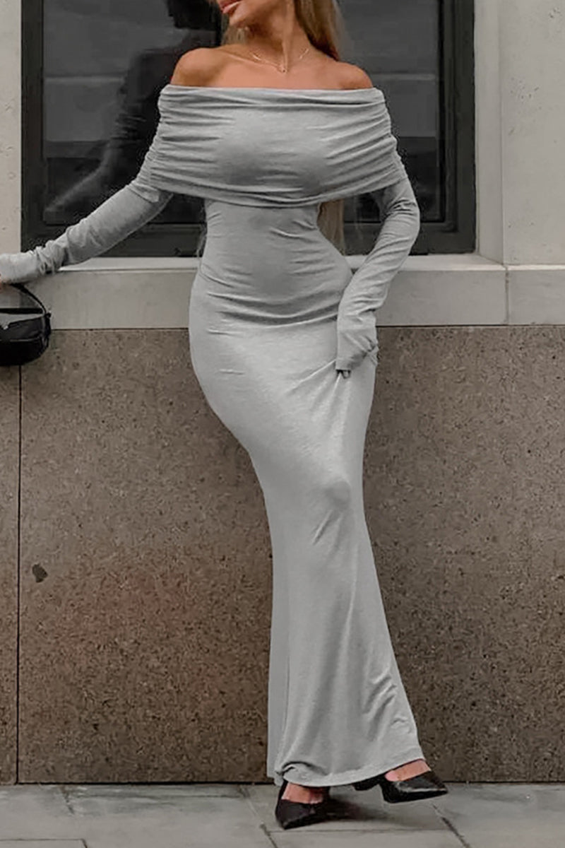 Street Color Ruched Off Shoulder One Step Skirt Dresses
