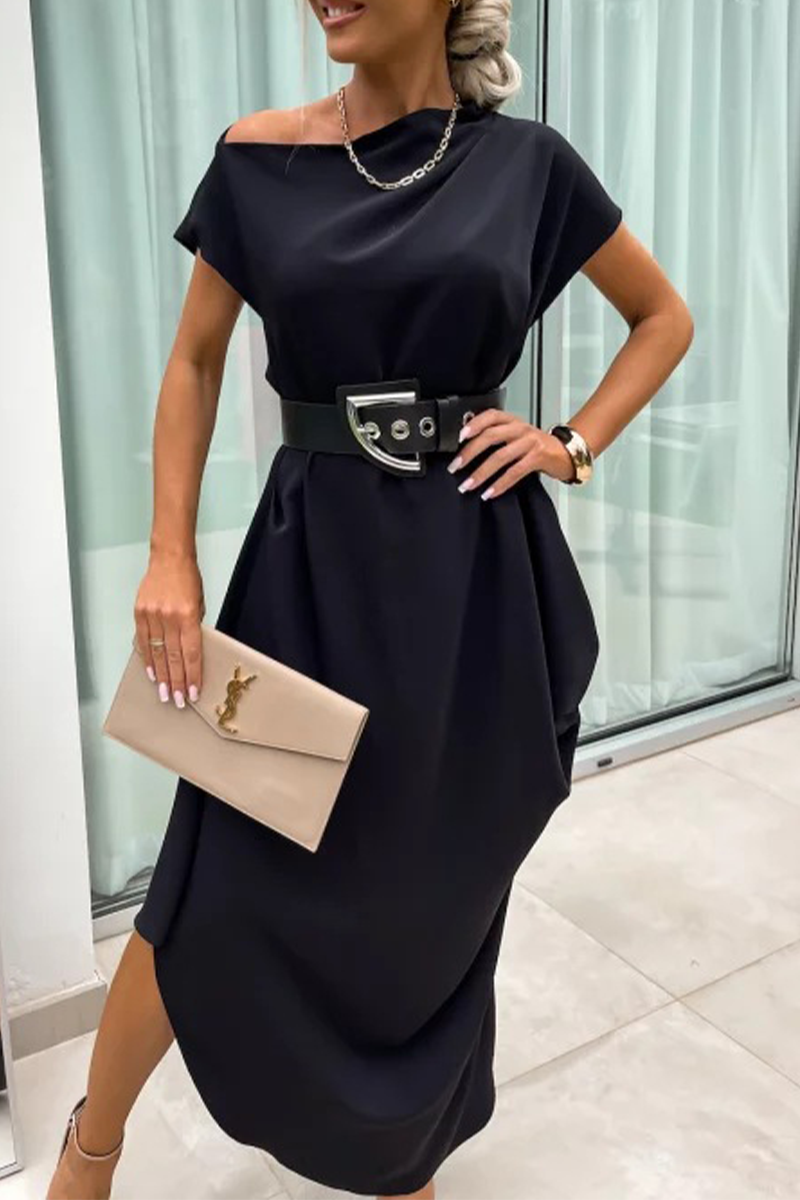 Street Color Without Belt Irregular Pile Heap Collar One Step Skirt Short Sleeve Dress(no Belt)(4 Colors)