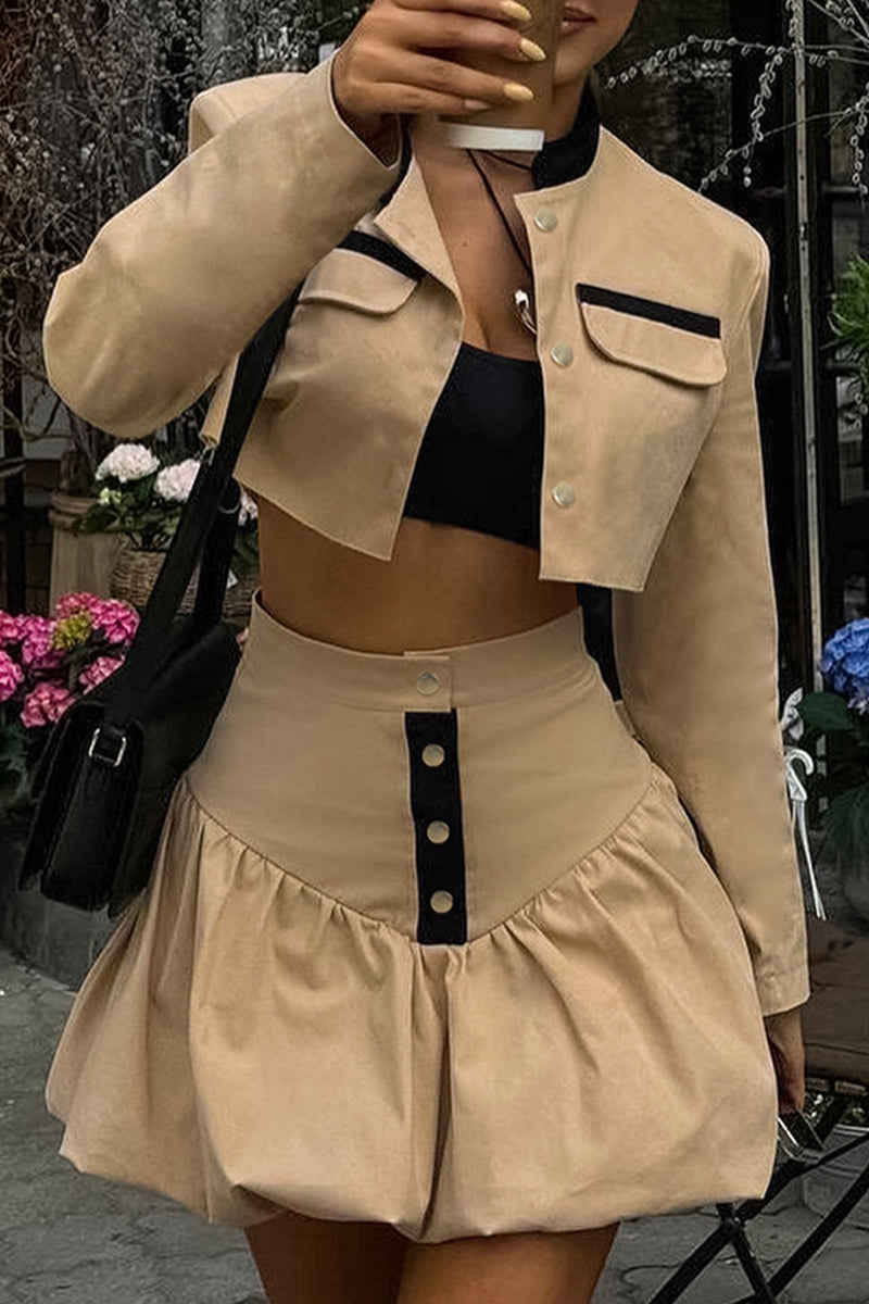 Street Buttons Patchwork Contrast O Neck Long Sleeve Two Pieces