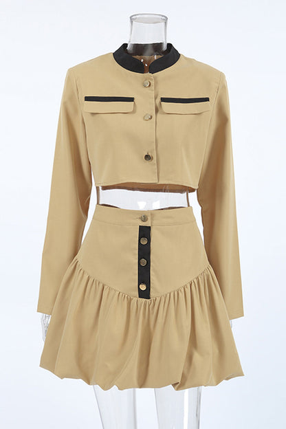 Street Buttons Patchwork Contrast O Neck Long Sleeve Two Pieces