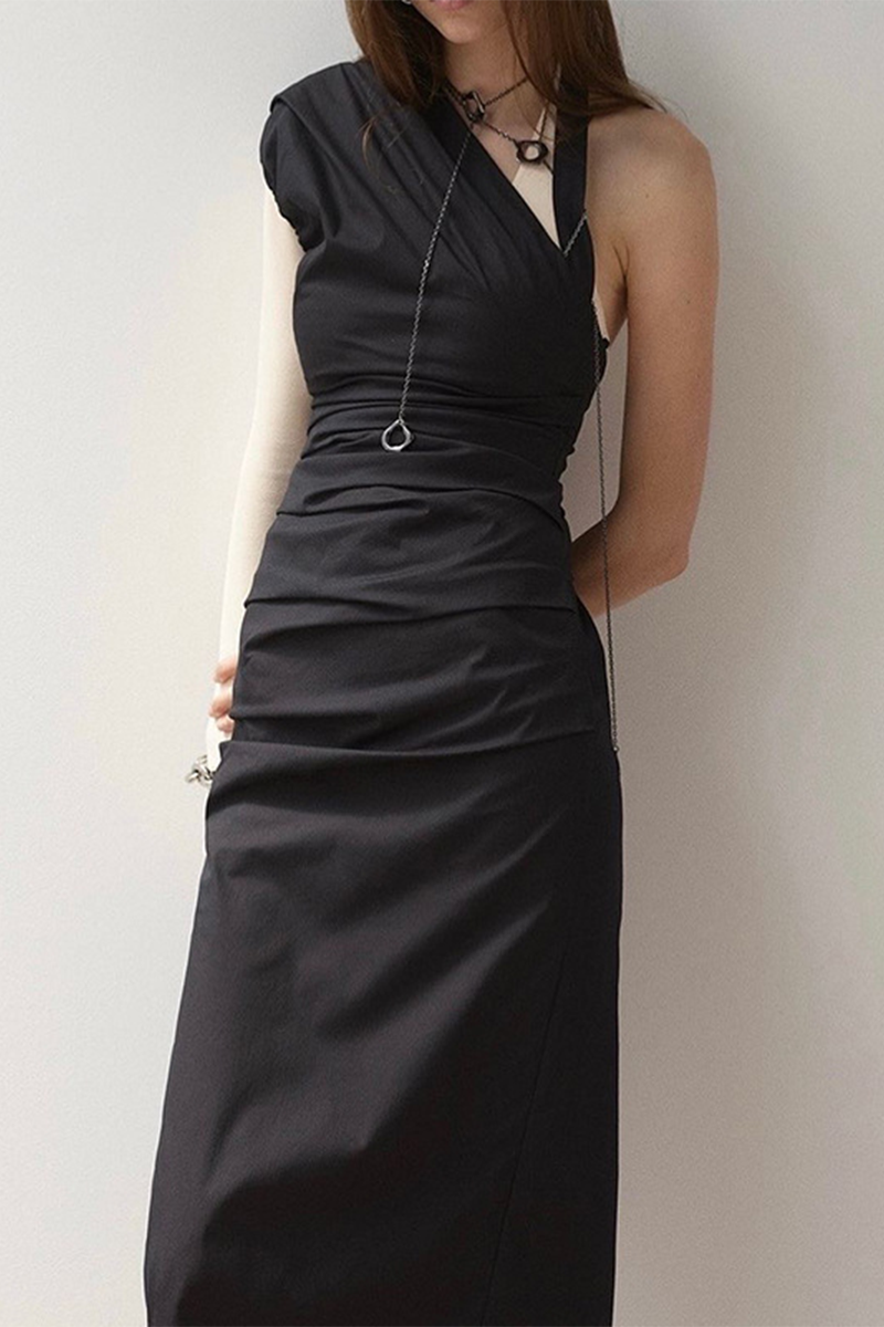 Color Slit Ruched Irregular Oblique Collar One Step Skirt Dresses