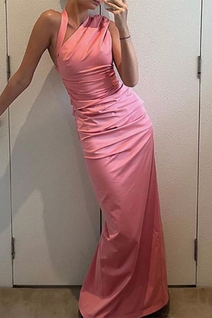 Color Slit Ruched Irregular Oblique Collar One Step Skirt Dresses