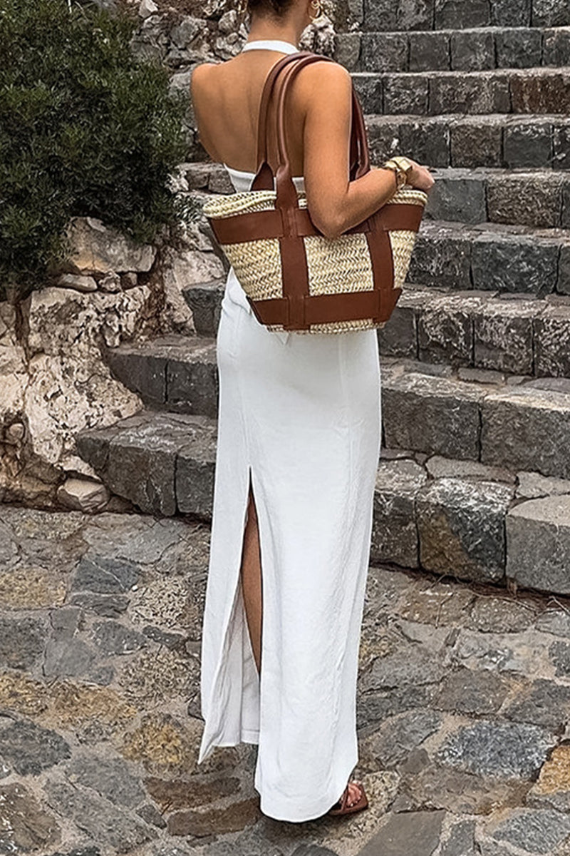 Color Lace Up Buckle Slit Halter Sleeveless Two Pieces