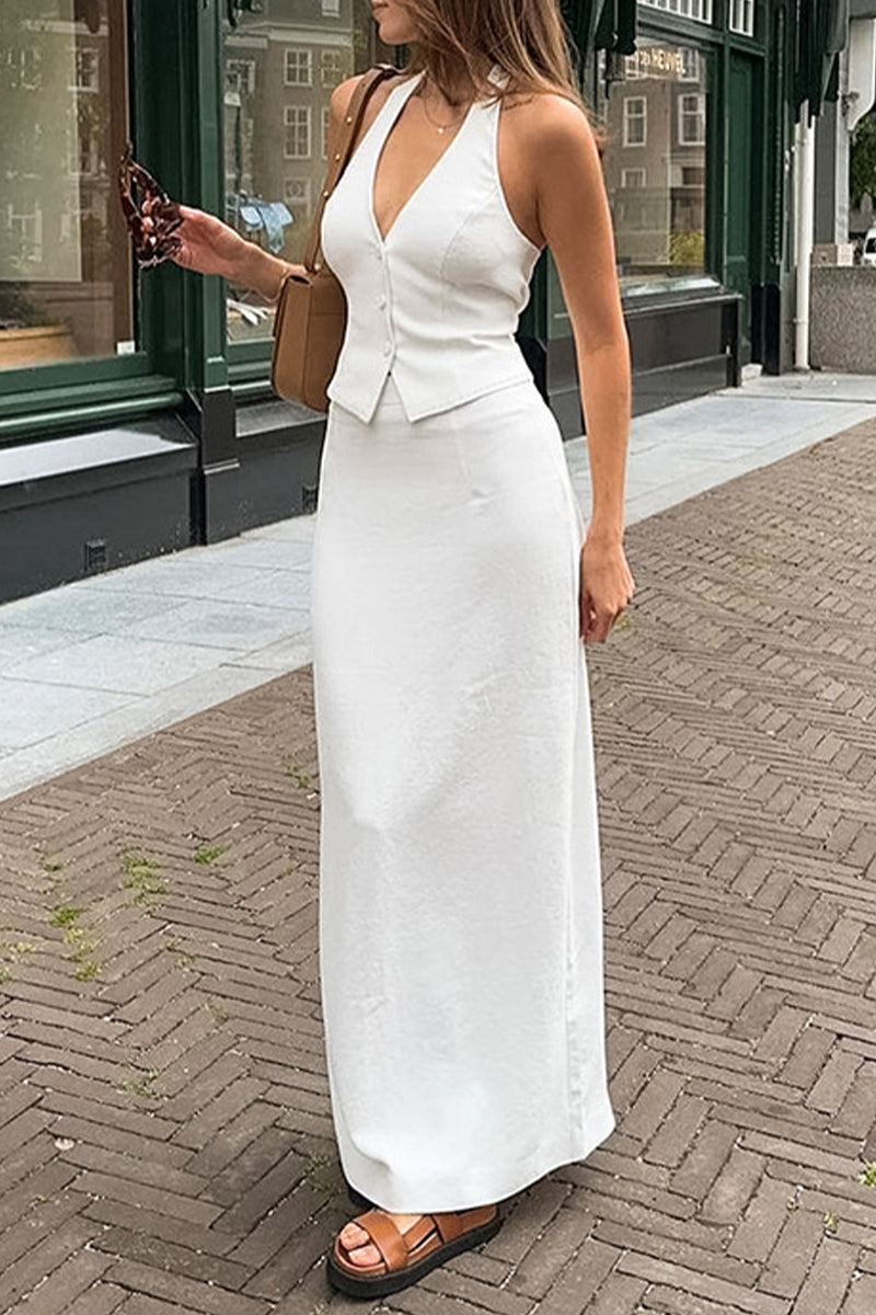 Color Lace Up Buckle Slit Halter Sleeveless Two Pieces