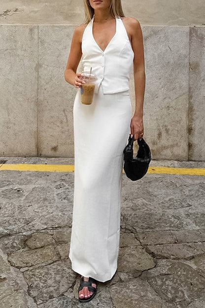 Color Lace Up Buckle Slit Halter Sleeveless Two Pieces