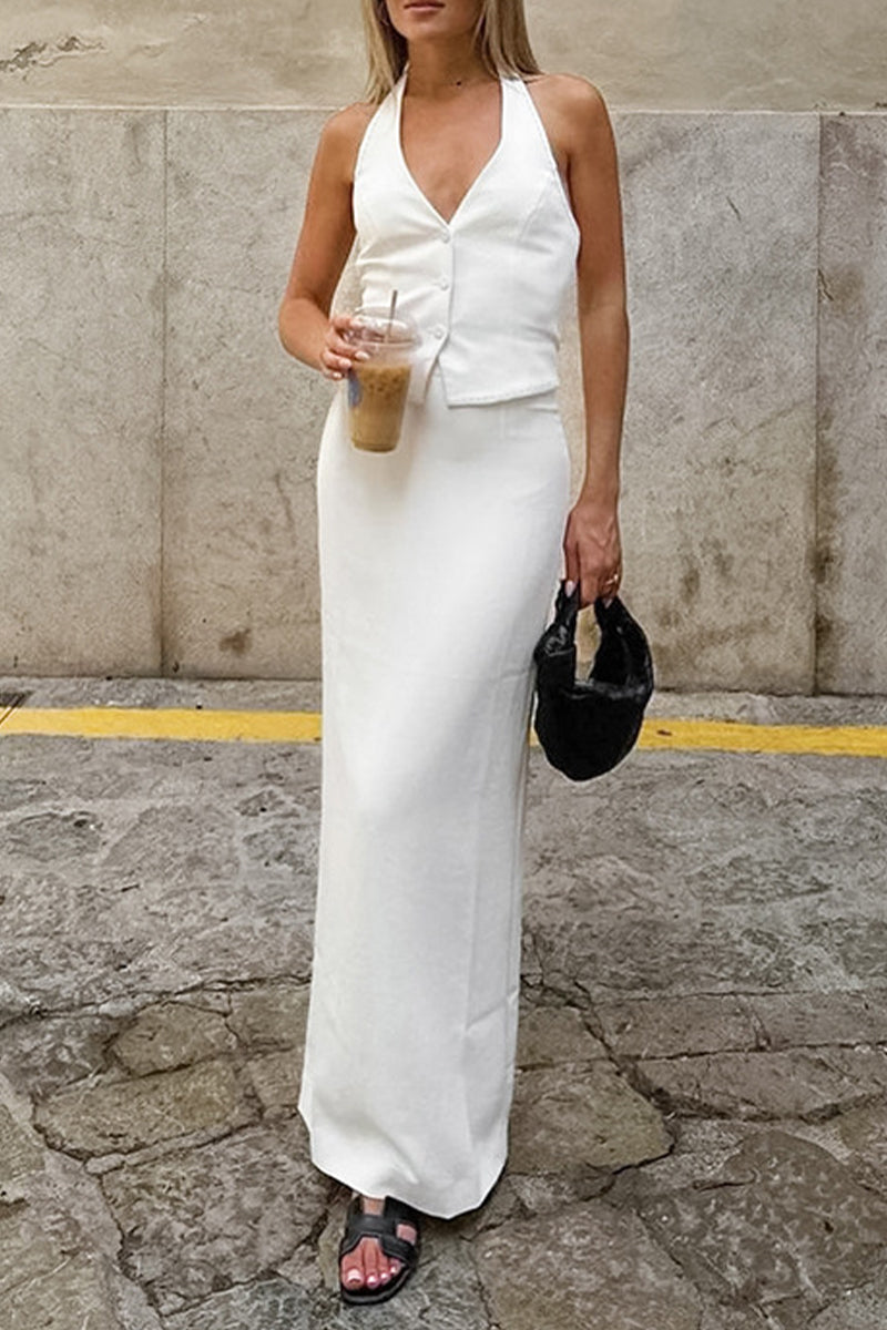 Color Lace Up Buckle Slit Halter Sleeveless Two Pieces