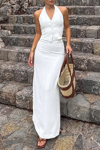 Color Lace Up Buckle Slit Halter Sleeveless Two Pieces