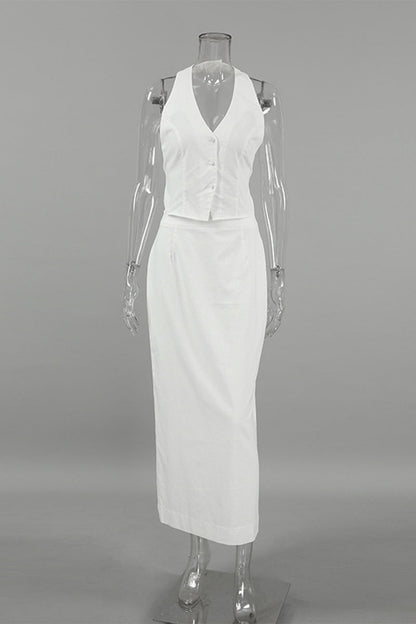 Color Lace Up Buckle Slit Halter Sleeveless Two Pieces