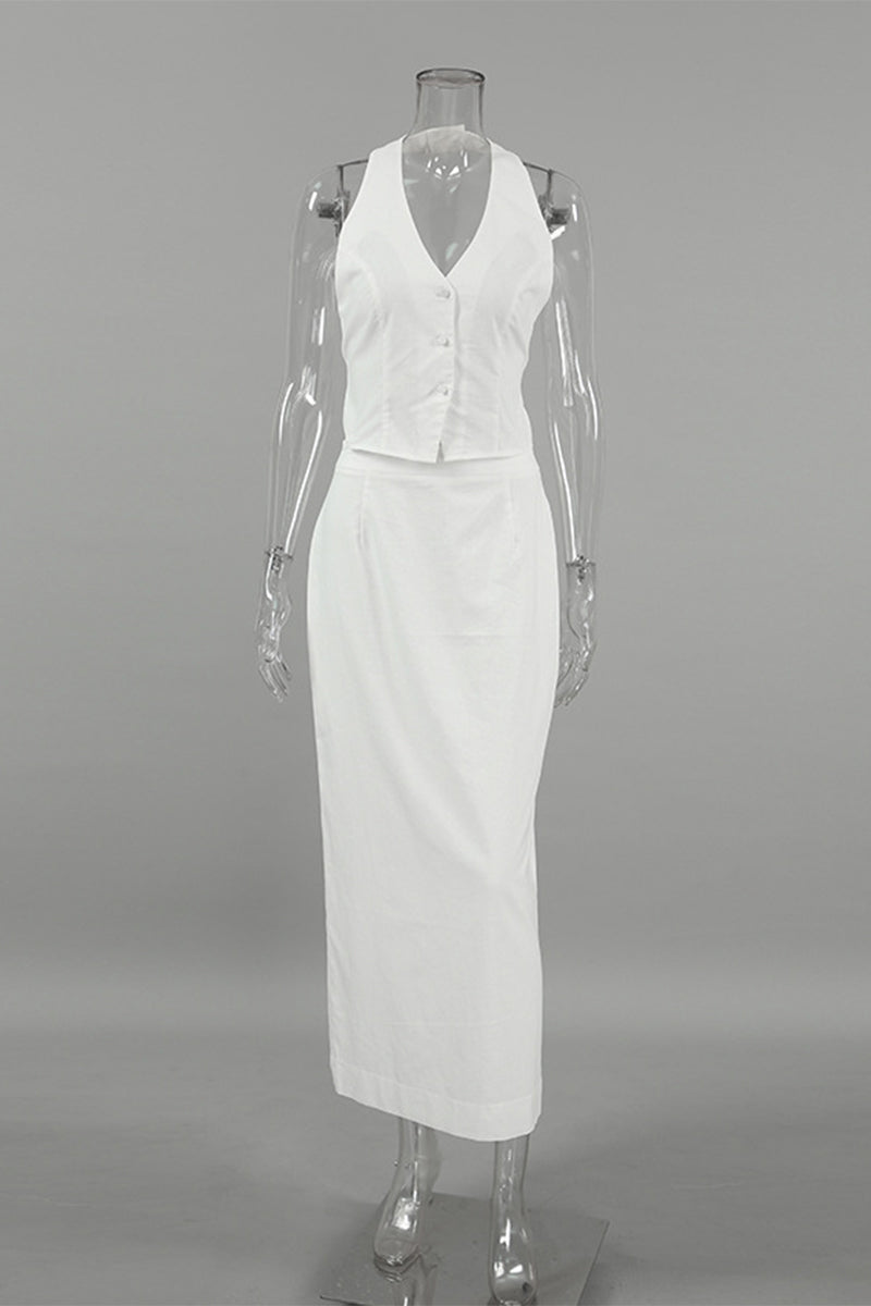 Color Lace Up Buckle Slit Halter Sleeveless Two Pieces